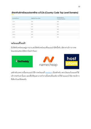 13
จดโดเมนที่ไหนดี?
มีบริษัทรับจดโดเมนอยู่มำกมำย แต่บริษัทรับจดโดเมนที่ผมแนะนำมีดังนี้ครับ (อัตรำค่ำบริกำรกำรจด
โดเมนของแต่ละบริษัทอำจไม่เท่ำกันนะ)
แต่สำหรับบทควำมนี้ผมจะแนะนำวิธีกำรจดโดเมนที่ Hostatom เป็นหลักครับ เพรำะโดเมนเว็บผมเองก็ใช้
บริกำรจดกับเขำนั้นเอง และเพื่อให้คุณสำมำรถทำตำมขั้นตอนที่ผมอธิบำยไว้ได้ ผมแนะนำให้มำจดบริกำร
ที่เดียวกับผมได้เลยครับ
 