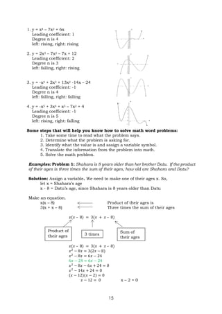 15
1. y = x4 – 7x2 + 6x
Leading coefficient: 1
Degree n is 4
left: rising, right: rising
2. y = 2x3 – 7x2 – 7x + 12
Leading coefficient: 2
Degree n is 3
left: falling, right: rising
3. y = -x4 + 2x3 + 13x2 -14x – 24
Leading coefficient: -1
Degree n is 4
left: falling, right: falling
4. y = -x5 + 3x4 + x3 – 7x2 + 4
Leading coefficient: -1
Degree n is 5
left: rising, right: falling
Some steps that will help you know how to solve math word problems:
1. Take some time to read what the problem says.
2. Determine what the problem is asking for.
3. Identify what the value is and assign a variable symbol.
4. Translate the information from the problem into math.
5. Solve the math problem.
Examples: Problem 1: Shahara is 8 years older than her brother Datu. If the product
of their ages is three times the sum of their ages, how old are Shahara and Datu?
Solution: Assign a variable. We need to make one of their ages x. So,
let x = Shahara’s age
x - 8 = Datu’s age, since Shahara is 8 years older than Datu
Make an equation.
x(x – 8) Product of their ages is
3(x + x – 8) Three times the sum of their ages
𝑥(𝑥 – 8) = 3(𝑥 + 𝑥 – 8)
𝑥(𝑥 – 8) = 3(𝑥 + 𝑥 – 8)
𝑥2
− 8𝑥 = 3(2𝑥 − 8)
𝑥2
− 8𝑥 = 6𝑥 − 24
6𝑥 − 24 = 6𝑥 − 24
𝑥2
− 8𝑥 − 6𝑥 + 24 = 0
𝑥2
− 14𝑥 + 24 = 0
(𝑥 − 12)(𝑥 − 2) = 0
𝑥 − 12 = 0 x – 2 = 0
Product of
their ages 3 times
Sum of
their ages
 