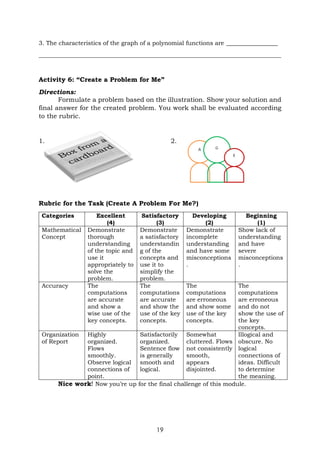 19
3. The characteristics of the graph of a polynomial functions are ________________
__________________________________________________________________________________
Activity 6: “Create a Problem for Me”
Directions:
Formulate a problem based on the illustration. Show your solution and
final answer for the created problem. You work shall be evaluated according
to the rubric.
1. 2.
Rubric for the Task (Create A Problem For Me?)
Categories Excellent
(4)
Satisfactory
(3)
Developing
(2)
Beginning
(1)
Mathematical
Concept
Demonstrate
thorough
understanding
of the topic and
use it
appropriately to
solve the
problem.
Demonstrate
a satisfactory
understandin
g of the
concepts and
use it to
simplify the
problem.
Demonstrate
incomplete
understanding
and have some
misconceptions
.
Show lack of
understanding
and have
severe
misconceptions
.
Accuracy The
computations
are accurate
and show a
wise use of the
key concepts.
The
computations
are accurate
and show the
use of the key
concepts.
The
computations
are erroneous
and show some
use of the key
concepts.
The
computations
are erroneous
and do not
show the use of
the key
concepts.
Organization
of Report
Highly
organized.
Flows
smoothly.
Observe logical
connections of
point.
Satisfactorily
organized.
Sentence flow
is generally
smooth and
logical.
Somewhat
cluttered. Flows
not consistently
smooth,
appears
disjointed.
Illogical and
obscure. No
logical
connections of
ideas. Difficult
to determine
the meaning.
Nice work! Now you’re up for the final challenge of this module.
 