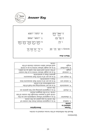 24
Answer Key
What’s
New
Activity
1.
AN,
AJ,
AE
5.
JL,
JN,
EN,
EL
1.
EJ
6.
LEN,
LJE,
ENL,
JLN,
LNE
2.
EL,
EJ
7.
JAN,
NAE
3.
JNE,
JLE
8.
LEJ,
JEN
Questions:
Recall
the
definition
of
the
terms
related
to
circles.
Terms
related
to
circle
Description
1.
radius
It
is
a
segment
drawn
from
the
center
of
the
circle
to
any
point
on
the
circle.
2.
diameter
It
is
a
segment
whose
endpoints
are
on
the
circle
and
it
passes
through
the
center
of
the
circle.
It
is
the
longest
chord.
3.
chord
It
is
a
segment
joining
any
two
points
on
the
circle.
4.
semicircle
It
is
an
arc
measuring
one-half
of
the
circumference
of
a
circle.
5.
minor
arc
It
is
an
arc
of
a
circle
that
measures
less
than
a
semicircle.
6.
major
arc
It
is
an
arc
of
a
circle
that
measures
greater
than
a
semicircle.
7.
central
angle
It
is
an
angle
whose
vertex
is
at
the
center
of
the
circle
and
with
two
radii
as
its
sides.
8.
inscribed
angle
It
is
an
angle
whose
vertex
is
on
a
circle
and
whose
sides
contain
chords
of
the
circle.
 