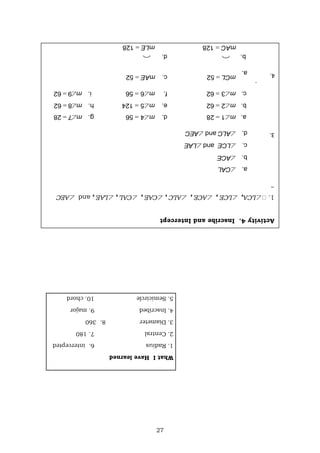 27
Activity
4.
Inscribe
and
Intercept
1.
LCA,
LCE
,
ACE
,
ALC
,
CAE
,
CAL
,
LAE
,
and
AEC
2.
3.
What
I
Have
learned
1.
Radius
6.
intercepted
2.
Central
7.
180
3.
Diameter
8.
360
4.
Inscribed
9.
major
5.
Semicircle
10.
chord
a.
b.
CAL
ACE
c.
d.
LCE
and
LAE
ALC
and
AEC
a.
m1

28
d.
m4

56
g.
m7

28
b.
m2

62
e.
m5

124
h.
m8

62
c.
m3

62
f.
m6

56
i.
m9

62
.
a.
mCL

52
c.
mAE

52
b.
mAC

128
d.
mLE

128
4.
 