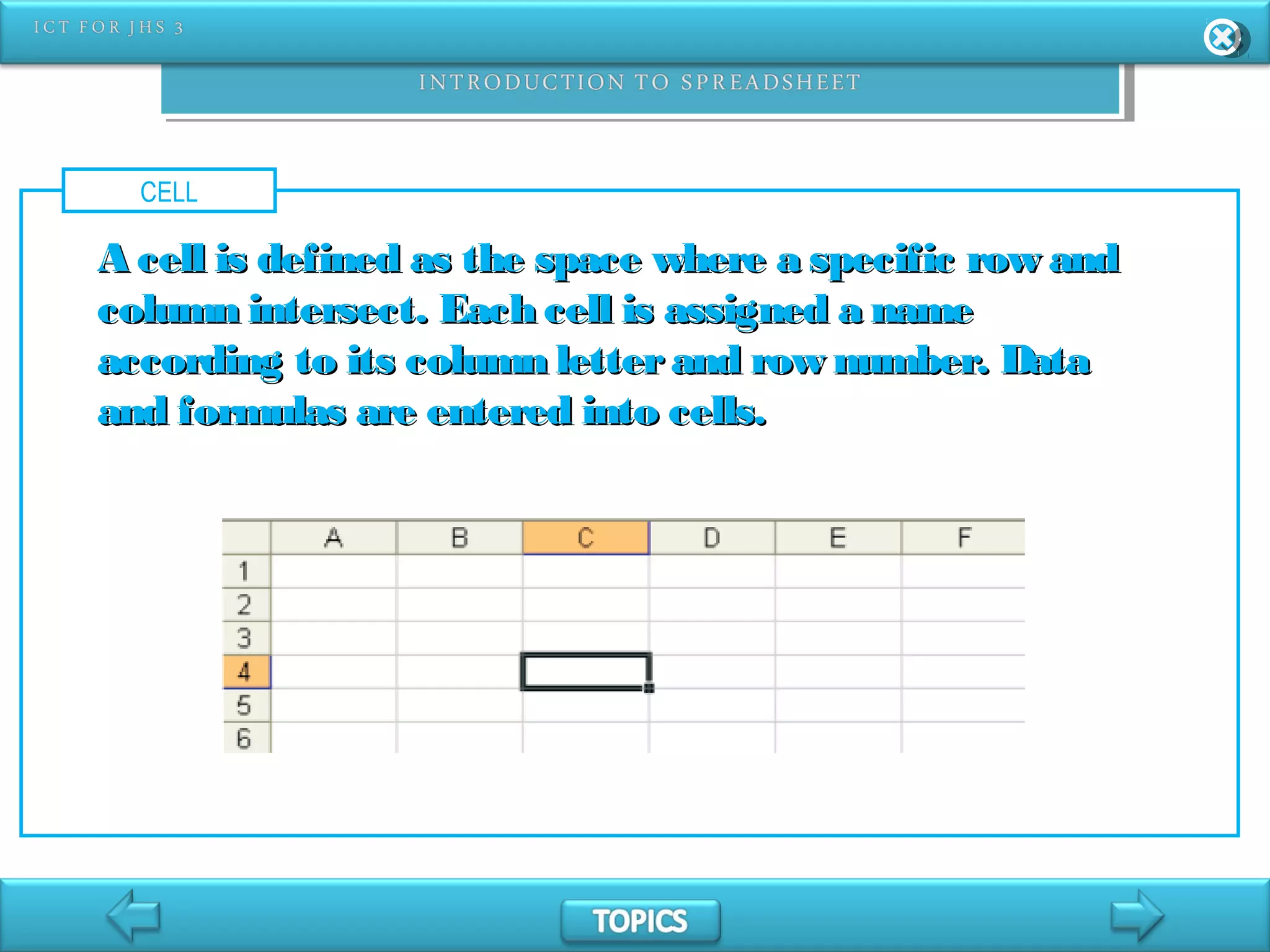 CELL
A cell is defined as the space where a specific row andA cell is defined as the space where a specific row and
column intersect. Each cell is assigned a namecolumn intersect. Each cell is assigned a name
according to its column letterand row number. Dataaccording to its column letterand row number. Data
and formulas are entered into cells.and formulas are entered into cells.
 
