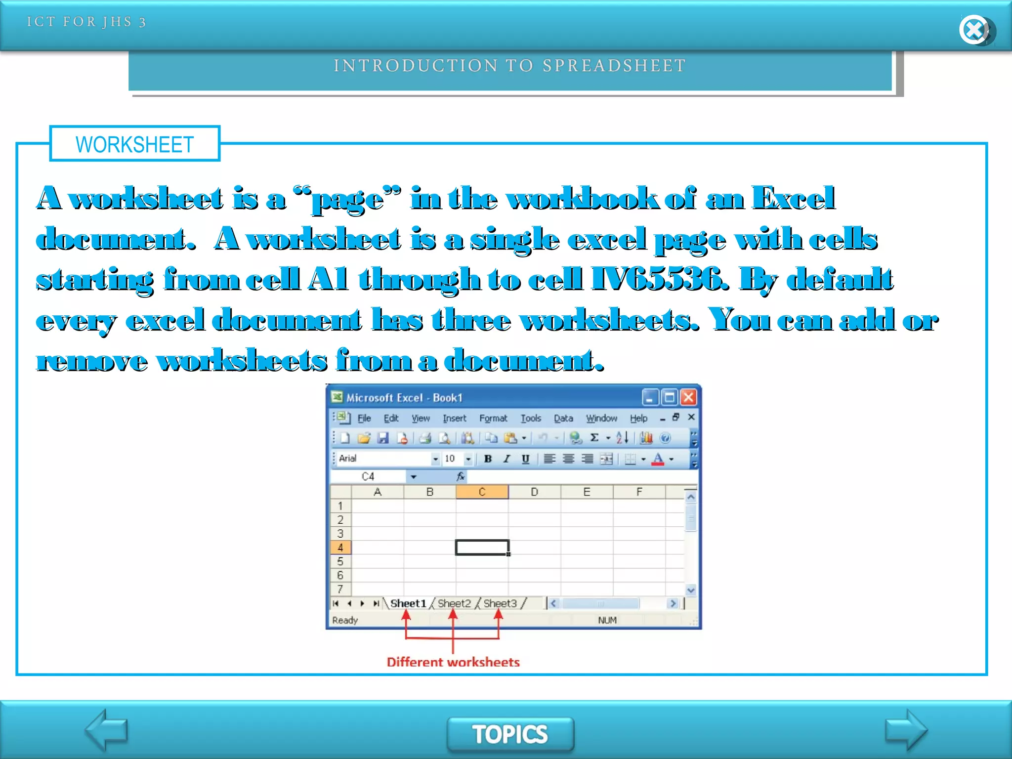 WORKSHEET
A worksheet is a “page” in the workbookof an ExcelA worksheet is a “page” in the workbookof an Excel
document. A worksheet is a single excel page with cellsdocument. A worksheet is a single excel page with cells
starting fromcell A1 through to cell IV65536. By defaultstarting fromcell A1 through to cell IV65536. By default
every excel document has three worksheets. You can add orevery excel document has three worksheets. You can add or
remove worksheets froma document.remove worksheets froma document.
 