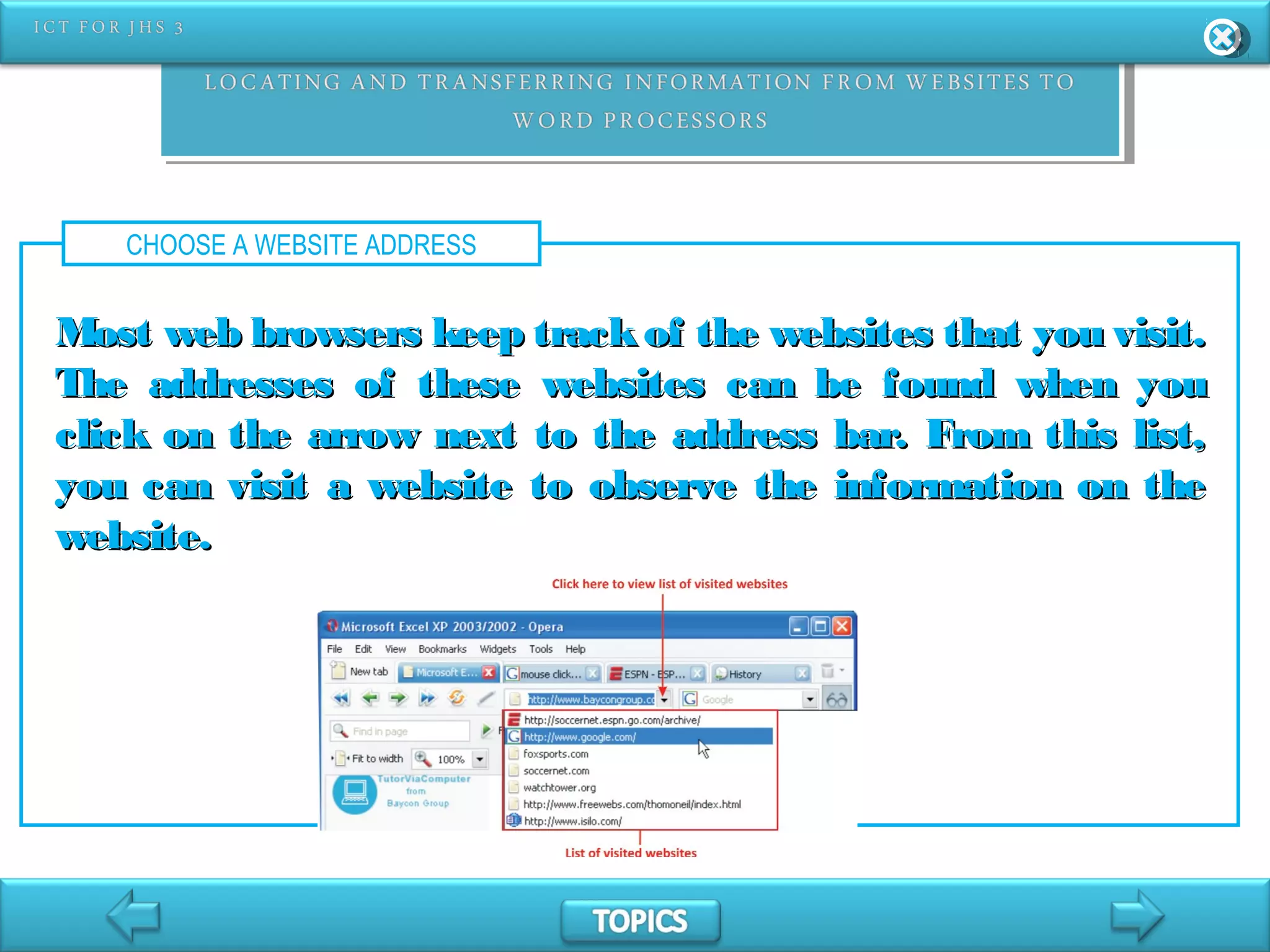 CHOOSE A WEBSITE ADDRESS
Most web browsers keep trackof the websites that you visit.Most web browsers keep trackof the websites that you visit.
The addresses of these websites can be found when youThe addresses of these websites can be found when you
click on the arrow next to the address bar. From this list,click on the arrow next to the address bar. From this list,
you can visit a website to observe the information on theyou can visit a website to observe the information on the
website.website.
 