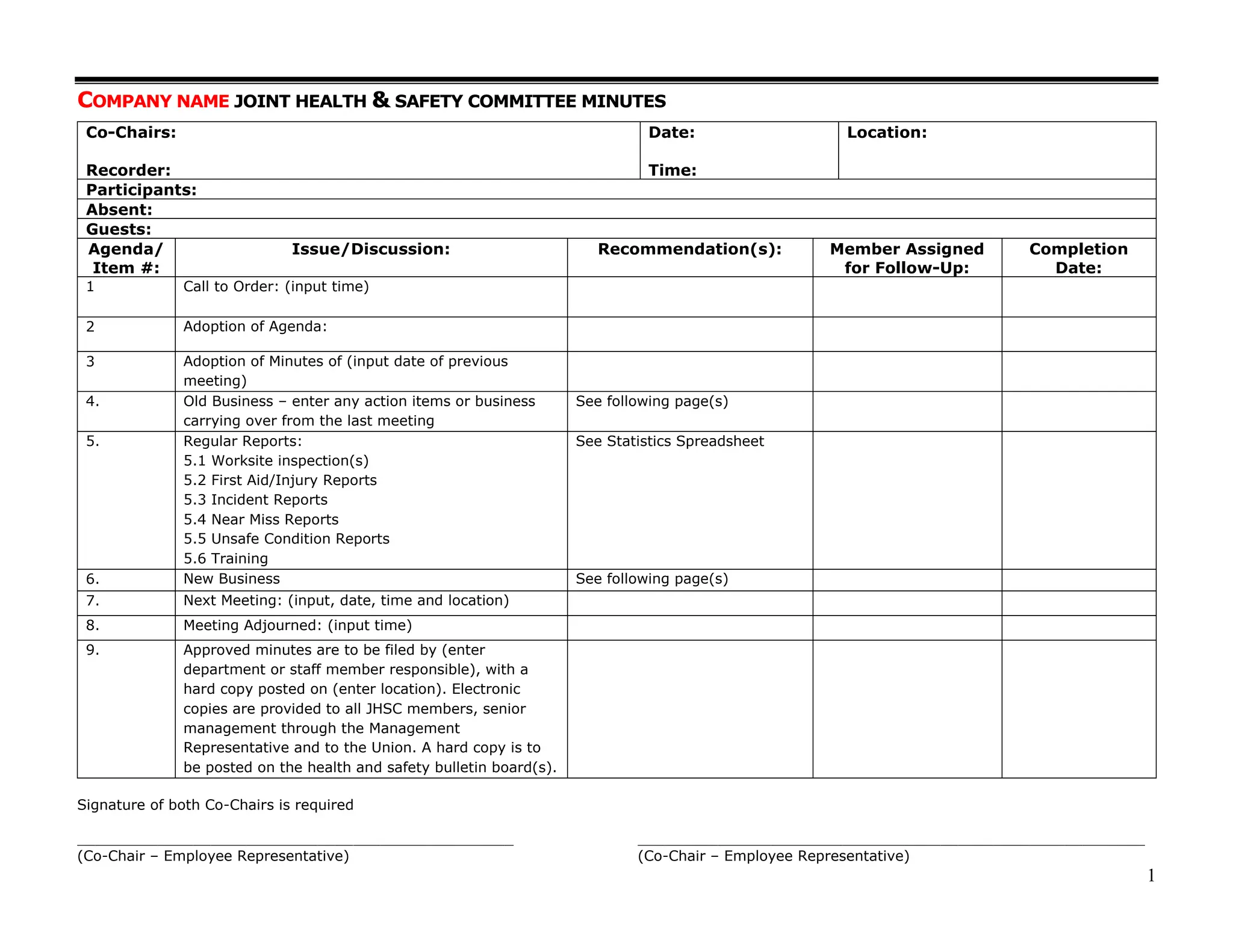 Jhsc minutes template for fire and safety committee meetings ppt