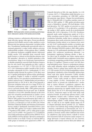 47JOURNAL OF HEALTH SCIENCES 2011; 1 (1)
SENKA DINAREVIĆ ET AL.: RELATION OF DIET AND PHYSICAL ACTIVITY TO OBESITY IN CHILDREN IN ELEMENTARY SCHOOLS
vedenog vremena u sedentarnim aktivnostima npr. gle-
danje televizije, igranje video igrica. Porast prevalencije
gojaznosti kod mladih suočava svaku zajednicu sa pro-
blemom koji ima ogromne ekonomske i socijalne poslje-
dice. Pronalaženje najefikasnijih preventivnih mjera za
nastanak gojaznosti u svakoj zemlji zahtijeva precizne
epidemiološke podatke o broju gojazne djece i mladih,
te o njihovom navikama u pogledu ishrane i aktivnosti.
Studija uzorka 2329 ispitanika deset osnovnih škola
grada Sarajeva, u odnosu na broj dječaka odnosno muš-
kih ispitanika i djevojčica tj. ženskih ispitanika je bila
uravnotežena. Stoga je ovo istraživanje reprezentativno
za školsku populaciju osnovnih škola Kantona Sarajevo.
Kao što smo naveli, broj ispitanika po dobi i spolu je
bio uravnotežen i to: I-IV 1077, V-VIII 1252; M-1226
te Ž -1103. Prekomjerno teških i pretilih je bilo 22,46 %,
normalno uhranjenih 62,53% a pothranjenih 15, 01%.
Rezultati studije ukazuju da je gotovo 22.4% djece uzra-
sta 1-8 godina prekomjerne tjelesne težine (preuhranje-
ni i gojazni). Pregled 21 studije iz različitih evropskih
zemalja indicira veću prevalencu preuhranjenosti u za-
padnoj i južnoj Evropi. U Mediteranskoj arei prevalenca
gojaznosti djece je čak 20-40 %, dok je broj gojaznih u
sjevernim zemljama nešto niži i to u rangu 10-20 % (2).
Učestalost prekomjerne težine i gojaznosti među dje-
com je u periodu između 1980. i 1990. godine povećana
u razvijenim zemljama dva do pet puta: npr. za dječake
u Kanadi sa 11% na 30%. Statistika ukazuje na oko četiri
puta veću učestalost preuhranjenosti za zemlje u razvo-
ju kao npr. u Brazilu sa 4% na 14% (6). U periodu od
1984 do 1994. godine broj preuhranjene djece dobi 4-11
godine u Velikoj Britaniji rastao je za dječake sa 10,2 %
na 13,8 %, a za djevojčice sa 5,4% na 9,0% (2,6). Prema
NHANES (National Health and Nutrition Examination
Survey) studiji iz Sjedinjenih Američkih Država u peri-
odu 1999-2002. godine 31.0 % djece i adolescenata dobi
2-19 godina su bili sa BMI  p 85 tj. riziko grupa za goja-
znost, a 16,3 % sa BMI  95 tj. gojazni (17). U rezultatima
naše studije prekomjernu tjelesnu težinu (BMI 85-95) su
imali približno isti broj dječaka i djevojčica analizirajući
zbirni rezultat za sve škole. Učenici sa ovakvim BMI su
riziko grupa za nastanak prave gojaznosti sa BMI  95.
Gojaznih djevojčica je bilo više nego dječaka i to: 4.56
% prema 3,69 %. U Holandskoj studiji djevojčice su u
svim vremenskim periodima od 1980-2003. godine
bile gojaznije nego dječaci. Ukupan broj preuhranjene
djece u Holandiji dobi 4-16 godina značajno rastao od
1980. do 2003. godine. U 1980. godini prevalenca goja-
znosti u Holandiji je iznosila 3,9% kod dječaka i 6,9%
kod djevojčica. Već 1997. godine ovi procenti su se po-
većali na 9,7% za dječake a 13% za djevojčice, a posljed-
nja studija iz 2003. godine navodi da je preuhranjenih
dječaka bili 14,5% a djevojčica 17,5% (18). Prevalenca
gojaznih među našim ispitanicima opada od 11,58 u
nižim razredima osnovne škole. Ovi rezultati su slični
rezultatima holandske studije koja je pokazala najveći
broj gojazne djece među učenicima osnovnih škola (11).
Interesantan rezultat odnosi se na činjenicu da je uoče-
no čak 12,49 % pothranjenih učenika, sa trendom opa-
danja broja u višim razredima osnovne škole: od 20.86-
9.16%. Rezultati NHANES studije iz 2003-2006. godine
ukazuju na 3,3% pothranjenh amerikanaca u dobi 2-19
godina (19), uzrokovan neredovnom ishranom i ne-
postojanjem regularnog kuhanog obroka u školi za
svu djecu koja bi pohađala smo jednu smjenu-ujutro.
Studija irskih i britanskih autora naglašava značaj užine
za unošenje energetskog suviška hrane, posebno za mla-
đu djecu (5-9 godina). Užinom se uzme i do 20% dnev-
nog kalorijskog unosa. Upravo je prekomjerna tjelesna
masa naših ispitanika najviše zastupljena kod mlađih
učenika. Hrana iz pekare koju najviše jedu naši učeni-
ci V-VIII razreda (42.67%) bi bila kompatibilna svojom
kalorijskom vrijednošću užine britanskih adolescenata.
Pored vode koju najviše konzumira 52,80% učenika,
nazastupljenije je bilo uzimanje negaziranih sokova:
20,65%. Učenici nižih razreda su najveći konzumen-
ti ovog napitka 23,19%). Osvježavajuća pića sa do-
datkom šećera su postala dio svakodnevnice i navika
koja se smatra zdravom i poželjnom, pogotovu ako
se radi o “voćnim sokovima”. Svjetska zdravstvena or-
ganizacija preporučuje da napitku dodati šećeri ne bi
smjeli davati više od 10 % dnevnog kalorijskog unosa
(21,30,31). Zašećereni napici na bazi sode imaju mali
nutritivni benefit, ali povećavaju tjelesnu težinu i rizik
od dijabetesa, karijesa zuba i fraktura kostiju. Treba
činiti napore za propagiranje konzumacije vode, ni-
skokalorijskog mlijeka i malih količina 100% voćnog
soka i to tako da na ove napitke otpada manje od 10
% ukupne kalorijske dnevne potrebe (22, 23). Slatkiše,
kao najveći izvor kalorija zbog visokog sadržaja šećera
i masnoća, svakodnevno je konzumiralo čak 53,21 %
učenika škola Sarajevskog Kantona. Najjednostavnije je
potrebu za hranom utažiti nekim slatkišem koji trenut-
no, subjektivno, daje osjećaj stitosti, a takođe se veoma
brzo konzumira kako bi učenicima ostalo vremena i za
druge aktivnosti u vrijeme odmora (18, 24). Četvrtina
ispitanika nižih razreda osnovne škole jede slatkiše sva-
SLIKA 3. Distribucija dužine vremena provedenog pred kompju-
terom i televizorom učenika V-VIII razreda osnovne škole
 
