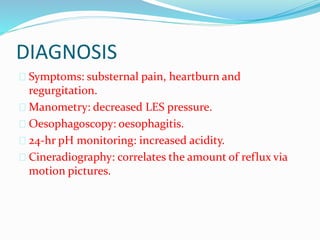 DIAGNOSIS
 Symptoms: substernal pain, heartburn and
regurgitation.
 Manometry: decreased LES pressure.
 Oesophagoscopy: oesophagitis.
 24-hr pH monitoring: increased acidity.
 Cineradiography: correlates the amount of reflux via
motion pictures.
 