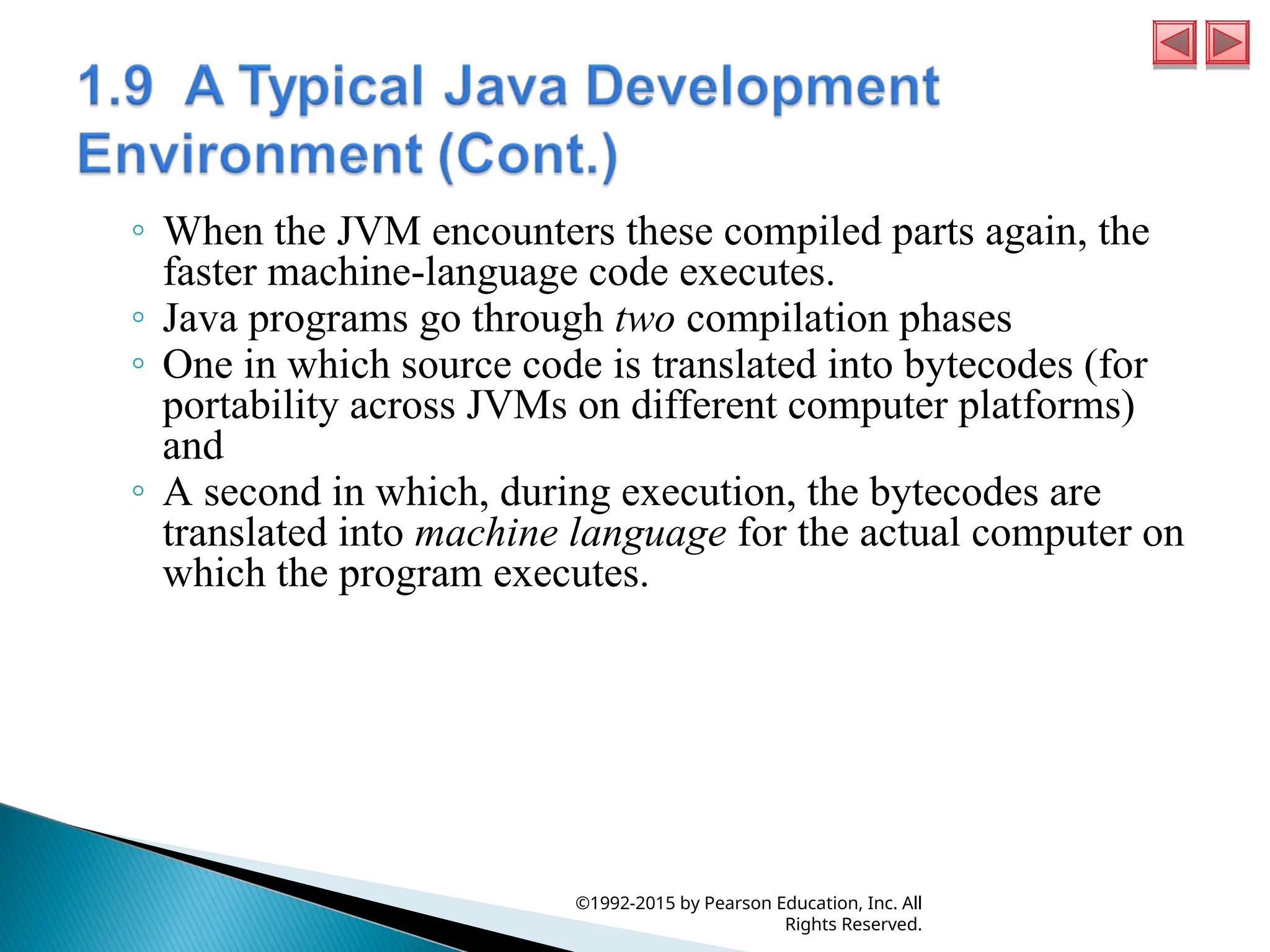 ◦ When the JVM encounters these compiled parts again, the
faster machine-language code executes.
◦ Java programs go through two compilation phases
◦ One in which source code is translated into bytecodes (for
portability across JVMs on different computer platforms)
and
◦ A second in which, during execution, the bytecodes are
translated into machine language for the actual computer on
which the program executes.
©1992-2015 by Pearson Education, Inc. All
Rights Reserved.
 