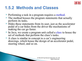  Performing a task in a program requires a method.
 The method houses the program statements that actually
perform its tasks.
 Hides these statements from its user, just as the accelerator
pedal of a car hides from the driver the mechanisms of
making the car go faster.
 In Java, we create a program unit called a class to house the
set of methods that perform the class’s tasks.
 A class is similar in concept to a car’s engineering
drawings, which house the design of an accelerator pedal,
steering wheel, and so on.
©1992-2015 by Pearson Education, Inc. All
Rights Reserved.
 