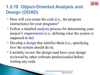  How will you create the code (i.e., the program
instructions) for your programs?
 Follow a detailed analysis process for determining your
project’s requirements (i.e., defining what the system is
supposed to do)
 Develop a design that satisfies them (i.e., specifying
how the system should do it).
 Carefully review the design (and have your design
reviewed by other software professionals) before
writing any code.
©1992-2015 by Pearson Education, Inc. All
Rights Reserved.
 