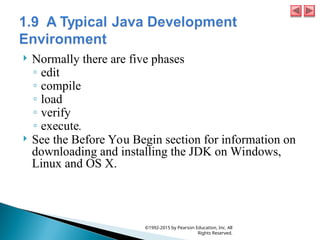  Normally there are five phases
◦ edit
◦ compile
◦ load
◦ verify
◦ execute.
 See the Before You Begin section for information on
downloading and installing the JDK on Windows,
Linux and OS X.
©1992-2015 by Pearson Education, Inc. All
Rights Reserved.
 