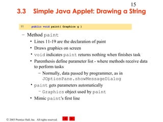 © 2003 Prentice Hall, Inc. All rights reserved.
15
3.3 Simple Java Applet: Drawing a String
– Method paint
• Lines 11-19 are the declaration of paint
• Draws graphics on screen
• void indicates paint returns nothing when finishes task
• Parenthesis define parameter list - where methods receive data
to perform tasks
– Normally, data passed by programmer, as in
JOptionPane.showMessageDialog
• paint gets parameters automatically
– Graphics object used by paint
• Mimic paint's first line
11 public void paint( Graphics g )
 