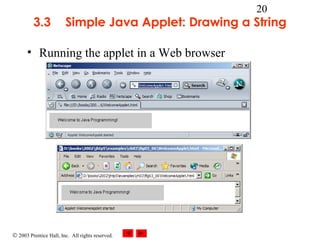 © 2003 Prentice Hall, Inc. All rights reserved.
20
3.3 Simple Java Applet: Drawing a String
• Running the applet in a Web browser
 