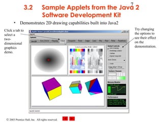 © 2003 Prentice Hall, Inc. All rights reserved.
7
3.2 Sample Applets from the Java 2
Software Development Kit
• Demonstrates 2D drawing capabilities built into Java2
Click a tab to
select a
two-
dimensional
graphics
demo.
Try changing
the options to
see their effect
on the
demonstration.
 