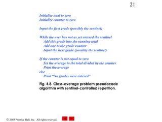 © 2003 Prentice Hall, Inc. All rights reserved.
21
Initialize total to zero
Initialize counter to zero
Input the first grade (possibly the sentinel)
While the user has not as yet entered the sentinel
Add this grade into the running total
Add one to the grade counter
Input the next grade (possibly the sentinel)
If the counter is not equal to zero
Set the average to the total divided by the counter
Print the average
else
Print “No grades were entered”
Fig. 4.8 Class-average problem pseudocode
algorithm with sentinel-controlled repetition.
 