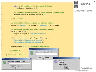© 2003 Prentice Hall, Inc.
All rights reserved.
Outline
28
Analysis.java
31
32 else // if result not 1, increment failures
33 failures = failures + 1;
34
35 // increment studentCounter so loop eventually terminates
36 studentCounter = studentCounter + 1;
37
38 } // end while
39
40 // termination phase; prepare and display results
41 output = "Passed: " + passes + "nFailed: " + failures;
42
43 // determine whether more than 8 students passed
44 if ( passes > 8 )
45 output = output + "nRaise Tuition";
46
47 JOptionPane.showMessageDialog( null, output,
48 "Analysis of Examination Results",
49 JOptionPane.INFORMATION_MESSAGE );
50
51 System.exit( 0 ); // terminate application
52
53 } // end main
54
55 } // end class Analysis
 
