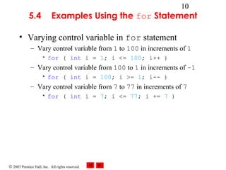 © 2003 Prentice Hall, Inc. All rights reserved.
10
5.4 Examples Using the for Statement
• Varying control variable in for statement
– Vary control variable from 1 to 100 in increments of 1
• for ( int i = 1; i <= 100; i++ )
– Vary control variable from 100 to 1 in increments of –1
• for ( int i = 100; i >= 1; i-- )
– Vary control variable from 7 to 77 in increments of 7
• for ( int i = 7; i <= 77; i += 7 )
 
