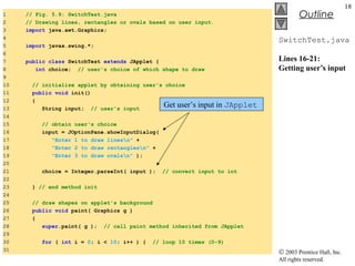 © 2003 Prentice Hall, Inc.
All rights reserved.
Outline
18
SwitchTest.java
Lines 16-21:
Getting user’s input
1 // Fig. 5.9: SwitchTest.java
2 // Drawing lines, rectangles or ovals based on user input.
3 import java.awt.Graphics;
4
5 import javax.swing.*;
6
7 public class SwitchTest extends JApplet {
8 int choice; // user's choice of which shape to draw
9
10 // initialize applet by obtaining user's choice
11 public void init()
12 {
13 String input; // user's input
14
15 // obtain user's choice
16 input = JOptionPane.showInputDialog(
17 "Enter 1 to draw linesn" +
18 "Enter 2 to draw rectanglesn" +
19 "Enter 3 to draw ovalsn" );
20
21 choice = Integer.parseInt( input ); // convert input to int
22
23 } // end method init
24
25 // draw shapes on applet's background
26 public void paint( Graphics g )
27 {
28 super.paint( g ); // call paint method inherited from JApplet
29
30 for ( int i = 0; i < 10; i++ ) { // loop 10 times (0-9)
31
Get user’s input in JApplet
 