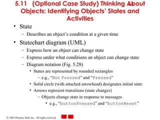 © 2003 Prentice Hall, Inc. All rights reserved.
445.11 (Optional Case Study) Thinking About
Objects: Identifying Objects’ States and
Activities
• State
– Describes an object’s condition at a given time
• Statechart diagram (UML)
– Express how an object can change state
– Express under what conditions an object can change state
– Diagram notation (Fig. 5.28)
• States are represented by rounded rectangles
– e.g., “Not Pressed” and “Pressed”
• Solid circle (with attached arrowhead) designates initial state
• Arrows represent transitions (state changes)
– Objects change state in response to messages
• e.g., “buttonPressed” and “buttonReset”
 