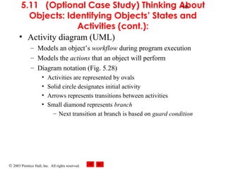 © 2003 Prentice Hall, Inc. All rights reserved.
465.11 (Optional Case Study) Thinking About
Objects: Identifying Objects’ States and
Activities (cont.):
• Activity diagram (UML)
– Models an object’s workflow during program execution
– Models the actions that an object will perform
– Diagram notation (Fig. 5.28)
• Activities are represented by ovals
• Solid circle designates initial activity
• Arrows represents transitions between activities
• Small diamond represents branch
– Next transition at branch is based on guard condition
 