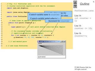 © 2003 Prentice Hall, Inc.
All rights reserved.
Outline
6
ForCounter.java
Line 16
int counter =
1;
Line 16
counter <= 10;
Line 16
counter++;
1 // Fig. 5.2: ForCounter.java
2 // Counter-controlled repetition with the for statement.
3 import java.awt.Graphics;
4
5 import javax.swing.JApplet;
6
7 public class ForCounter extends JApplet {
8
9 // draw lines on applet’s background
10 public void paint( Graphics g )
11 {
12 super.paint( g ); // call paint method inherited from JApplet
13
14 // for statement header includes initialization,
15 // repetition condition and increment
16 for ( int counter = 1; counter <= 10; counter++ )
17 g.drawLine( 10, 10, 250, counter * 10 );
18
19 } // end method paint
20
21 } // end class ForCounter
Condition tests for
counter’s final valueControl-variable name is counter
Control-variable initial value is 1
Increment for counter
 