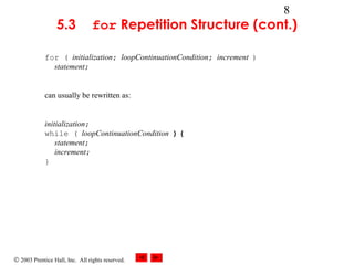 © 2003 Prentice Hall, Inc. All rights reserved.
8
5.3 for Repetition Structure (cont.)
for ( initialization; loopContinuationCondition; increment )
statement;
can usually be rewritten as:
initialization;
while ( loopContinuationCondition ) {
statement;
increment;
}
 