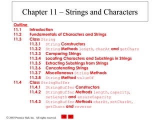 © 2003 Prentice Hall, Inc. All rights reserved.
Chapter 11 – Strings and Characters
Outline
11.1 Introduction
11.2 Fundamentals of Characters and Strings
11.3 Class String
11.3.1 String Constructors
11.3.2 String Methods length, charAt and getChars
11.3.3 Comparing Strings
11.3.4 Locating Characters and Substrings in Strings
11.3.5 Extracting Substrings from Strings
11.3.6 Concatenating Strings
11.3.7 Miscellaneous String Methods
11.3.8 String Method valueOf
11.4 Class StringBuffer
11.4.1 StringBuffer Constructors
11.4.2 StringBuffer Methods length, capacity,
setLength and ensureCapacity
11.4.3 StringBuffer Methods charAt, setCharAt,
getChars and reverse
 