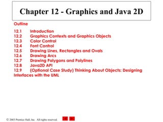 © 2003 Prentice Hall, Inc. All rights reserved.
Outline
12.1 Introduction
12.2 Graphics Contexts and Graphics Objects
12.3 Color Control
12.4 Font Control
12.5 Drawing Lines, Rectangles and Ovals
12.6 Drawing Arcs
12.7 Drawing Polygons and Polylines
12.8 Java2D API
12.9 (Optional Case Study) Thinking About Objects: Designing
Interfaces with the UML
Chapter 12 - Graphics and Java 2D
 