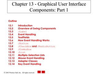 © 2003 Prentice Hall, Inc. All rights reserved.
Outline
13.1 Introduction
13.2 Overview of Swing Components
13.3 JLabel
13.4 Event Handling
13.5 TextFields
13.6 How Event Handling Works
13.7 JButton
13.8 JCheckBox and JRadioButton
13.9 JComboBox
13.10 JList
13.11 Multiple-Selection Lists
13.12 Mouse Event Handling
13.13 Adapter Classes
13.14 Key Event Handling
Chapter 13 - Graphical User Interface
Components: Part 1
 