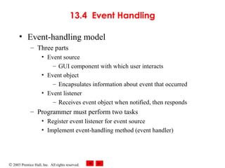 © 2003 Prentice Hall, Inc. All rights reserved.
13.4 Event Handling
• Event-handling model
– Three parts
• Event source
– GUI component with which user interacts
• Event object
– Encapsulates information about event that occurred
• Event listener
– Receives event object when notified, then responds
– Programmer must perform two tasks
• Register event listener for event source
• Implement event-handling method (event handler)
 