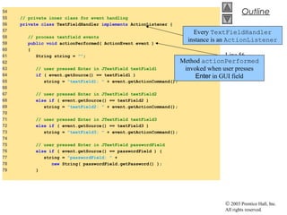 © 2003 Prentice Hall, Inc.
All rights reserved.
Outline
TextFieldTest.j
ava
Line 56
Line 59
54
55 // private inner class for event handling
56 private class TextFieldHandler implements ActionListener {
57
58 // process textfield events
59 public void actionPerformed( ActionEvent event )
60 {
61 String string = "";
62
63 // user pressed Enter in JTextField textField1
64 if ( event.getSource() == textField1 )
65 string = "textField1: " + event.getActionCommand();
66
67 // user pressed Enter in JTextField textField2
68 else if ( event.getSource() == textField2 )
69 string = "textField2: " + event.getActionCommand();
70
71 // user pressed Enter in JTextField textField3
72 else if ( event.getSource() == textField3 )
73 string = "textField3: " + event.getActionCommand();
74
75 // user pressed Enter in JTextField passwordField
76 else if ( event.getSource() == passwordField ) {
77 string = "passwordField: " +
78 new String( passwordField.getPassword() );
79 }
Every TextFieldHandler
instance is an ActionListener
Method actionPerformed
invoked when user presses
Enter in GUI field
 