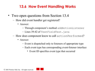 © 2003 Prentice Hall, Inc. All rights reserved.
13.6 How Event Handling Works
• Two open questions from Section 13.4
– How did event handler get registered?
• Answer:
– Through component’s method addActionListener
– Lines 39-42 of TextFieldTest.java
– How does component know to call actionPerformed?
• Answer:
– Event is dispatched only to listeners of appropriate type
– Each event type has corresponding event-listener interface
• Event ID specifies event type that occurred
 