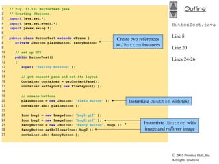 © 2003 Prentice Hall, Inc.
All rights reserved.
Outline
ButtonTest.java
Line 8
Line 20
Lines 24-26
1 // Fig. 13.10: ButtonTest.java
2 // Creating JButtons.
3 import java.awt.*;
4 import java.awt.event.*;
5 import javax.swing.*;
6
7 public class ButtonTest extends JFrame {
8 private JButton plainButton, fancyButton;
9
10 // set up GUI
11 public ButtonTest()
12 {
13 super( "Testing Buttons" );
14
15 // get content pane and set its layout
16 Container container = getContentPane();
17 container.setLayout( new FlowLayout() );
18
19 // create buttons
20 plainButton = new JButton( "Plain Button" );
21 container.add( plainButton );
22
23 Icon bug1 = new ImageIcon( "bug1.gif" );
24 Icon bug2 = new ImageIcon( "bug2.gif" );
25 fancyButton = new JButton( "Fancy Button", bug1 );
26 fancyButton.setRolloverIcon( bug2 );
27 container.add( fancyButton );
Create two references
to JButton instances
Instantiate JButton with text
Instantiate JButton with
image and rollover image
 