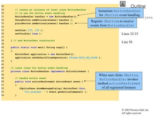 © 2003 Prentice Hall, Inc.
All rights reserved.
Outline
ButtonTest.java
Line 31
Lines 32-33
Line 50
28
29 // create an instance of inner class ButtonHandler
30 // to use for button event handling
31 ButtonHandler handler = new ButtonHandler();
32 fancyButton.addActionListener( handler );
33 plainButton.addActionListener( handler );
34
35 setSize( 275, 100 );
36 setVisible( true );
37
38 } // end ButtonTest constructor
39
40 public static void main( String args[] )
41 {
42 ButtonTest application = new ButtonTest();
43 application.setDefaultCloseOperation( JFrame.EXIT_ON_CLOSE );
44 }
45
46 // inner class for button event handling
47 private class ButtonHandler implements ActionListener {
48
49 // handle button event
50 public void actionPerformed( ActionEvent event )
51 {
52 JOptionPane.showMessageDialog( ButtonTest.this,
53 "You pressed: " + event.getActionCommand() );
54 }
Instantiate ButtonHandler
for JButton event handling
Register JButtons to receive
events from ButtonHandler
When user clicks JButton,
ButtonHandler invokes
method actionPerformed
of all registered listeners
 