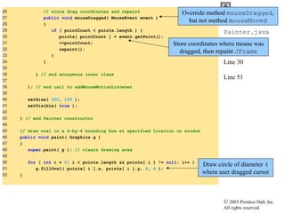 © 2003 Prentice Hall, Inc.
All rights reserved.
Outline
Painter.java
Line 27
Line 30
Line 51
26 // store drag coordinates and repaint
27 public void mouseDragged( MouseEvent event )
28 {
29 if ( pointCount < points.length ) {
30 points[ pointCount ] = event.getPoint();
31 ++pointCount;
32 repaint();
33 }
34 }
35
36 } // end anonymous inner class
37
38 ); // end call to addMouseMotionListener
39
40 setSize( 300, 150 );
41 setVisible( true );
42
43 } // end Painter constructor
44
45 // draw oval in a 4-by-4 bounding box at specified location on window
46 public void paint( Graphics g )
47 {
48 super.paint( g ); // clears drawing area
49
50 for ( int i = 0; i < points.length && points[ i ] != null; i++ )
51 g.fillOval( points[ i ].x, points[ i ].y, 4, 4 );
52 }
Override method mouseDragged,
but not method mouseMoved
Store coordinates where mouse was
dragged, then repaint JFrame
Draw circle of diameter 4
where user dragged cursor
 