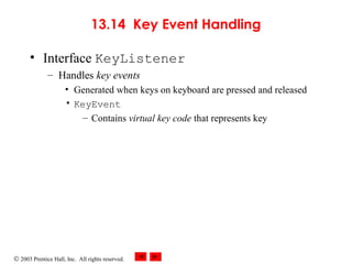© 2003 Prentice Hall, Inc. All rights reserved.
13.14 Key Event Handling
• Interface KeyListener
– Handles key events
• Generated when keys on keyboard are pressed and released
• KeyEvent
– Contains virtual key code that represents key
 