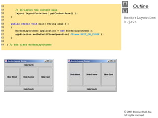 © 2003 Prentice Hall, Inc.
All rights reserved.
Outline
BorderLayoutDem
o.java
53
54 // re-layout the content pane
55 layout.layoutContainer( getContentPane() );
56 }
57
58 public static void main( String args[] )
59 {
60 BorderLayoutDemo application = new BorderLayoutDemo();
61 application.setDefaultCloseOperation( JFrame.EXIT_ON_CLOSE );
62 }
63
64 } // end class BorderLayoutDemo
 