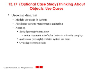 © 2003 Prentice Hall, Inc. All rights reserved.
13.17 (Optional Case Study) Thinking About
Objects: Use Cases
• Use-case diagram
– Models use cases in system
– Facilitates system-requirements gathering
– Notation
• Stick figure represents actor
– Actor represents set of roles that external entity can play
• System box (rectangle) contains system use cases
• Ovals represent use cases
 