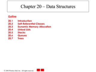 Chapter 20 – Data Structures Outline 20.1  Introduction 20.2  Self-Referential Classes 20.3  Dynamic Memory Allocation 20.4  Linked Lists 20.5  Stacks 20.6  Queues 20.7  Trees 