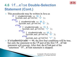  This pseudocode may be written in Java as
if ( studentGrade >= 90 )
System.out.println( "A" );
else
if ( studentGrade >= 80 )
System.out.println( "B" );
else
if ( studentGrade >= 70 )
System.out.println( "C" );
else
if ( studentGrade >= 60 )
System.out.println( "D" );
else
System.out.println( "F" );
 If studentGrade >= 90, the first four conditions will be true,
but only the statement in the if part of the first if…else
statement will execute. After that, the else part of the
“outermost” if…else statement is skipped.
© Copyright 1992-2012 by Pearson
Education, Inc. All Rights Reserved.
 
