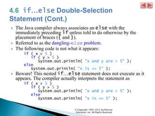  The Java compiler always associates an else with the
immediately preceding if unless told to do otherwise by the
placement of braces ({ and }).
 Referred to as the dangling-else problem.
 The following code is not what it appears:
if ( x > 5 )
if ( y > 5 )
System.out.println( "x and y are > 5" );
else
System.out.println( "x is <= 5" );
 Beware! This nested if…else statement does not execute as it
appears. The compiler actually interprets the statement as
if ( x > 5 )
if ( y > 5 )
System.out.println( "x and y are > 5" );
else
System.out.println( "x is <= 5" );
© Copyright 1992-2012 by Pearson
Education, Inc. All Rights Reserved.
 
