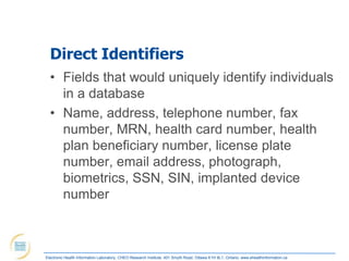 Direct Identifiers
  • Fields that would uniquely identify individuals
    in a database
  • Name, address, telephone number, fax
    number, MRN, health card number, health
    plan beneficiary number, license plate
    number, email address, photograph,
    biometrics, SSN, SIN, implanted device
    number



Electronic Health Information Laboratory, CHEO Research Institute, 401 Smyth Road, Ottawa K1H 8L1, Ontario; www.ehealthinformation.ca
 