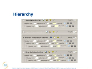 Hierarchy




Electronic Health Information Laboratory, CHEO Research Institute, 401 Smyth Road, Ottawa K1H 8L1, Ontario; www.ehealthinformation.ca
 