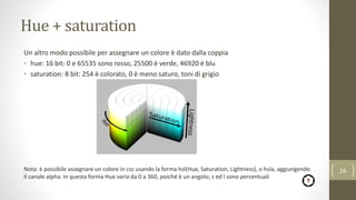 Hue + saturation
Un altro modo possibile per assegnare un colore è dato dalla coppia
• hue: 16 bit: 0 e 65535 sono rosso, 25500 è verde, 46920 è blu
• saturation: 8 bit: 254 è colorato, 0 è meno saturo, toni di grigio
Nota: è possibile assegnare un colore in css usando la forma hsl(Hue, Saturation, Lightness), o hsla, aggiungendo
il canale alpha. In questa forma Hue varia da 0 a 360, poiché è un angolo; s ed l sono percentuali
16
 