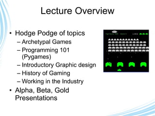 Lecture Overview Hodge Podge of topics Archetypal Games Programming 101 (Pygames) Introductory Graphic design History of Gaming Working in the Industry Alpha, Beta, Gold Presentations  