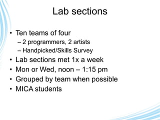 Lab sections Ten teams of four 2 programmers, 2 artists Handpicked/Skills Survey Lab sections met 1x a week Mon or Wed, noon – 1:15 pm Grouped by team when possible MICA students  all together 