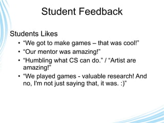 Student Feedback Students Likes “ We got to make games – that was cool!” “ Our mentor was amazing!” “ Humbling what CS can do.” / “Artist are amazing!” “ We played games - valuable research! And no, I'm not just saying that, it was. :)” 