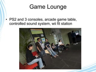 Game Lounge PS2 and 3 consoles, arcade game table, controlled sound system, wii fit station 