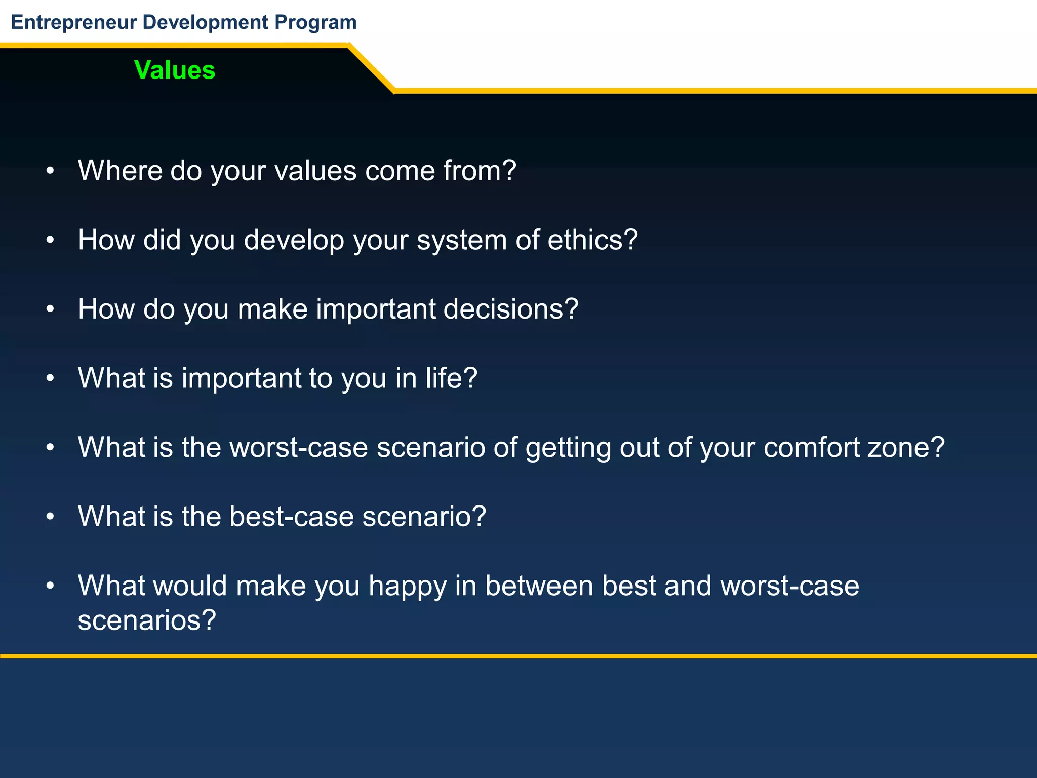 Entrepreneur Development Program
Values
• Where do your values come from?
• How did you develop your system of ethics?
• How do you make important decisions?
• What is important to you in life?
• What is the worst-case scenario of getting out of your comfort zone?
• What is the best-case scenario?
• What would make you happy in between best and worst-case
scenarios?
 