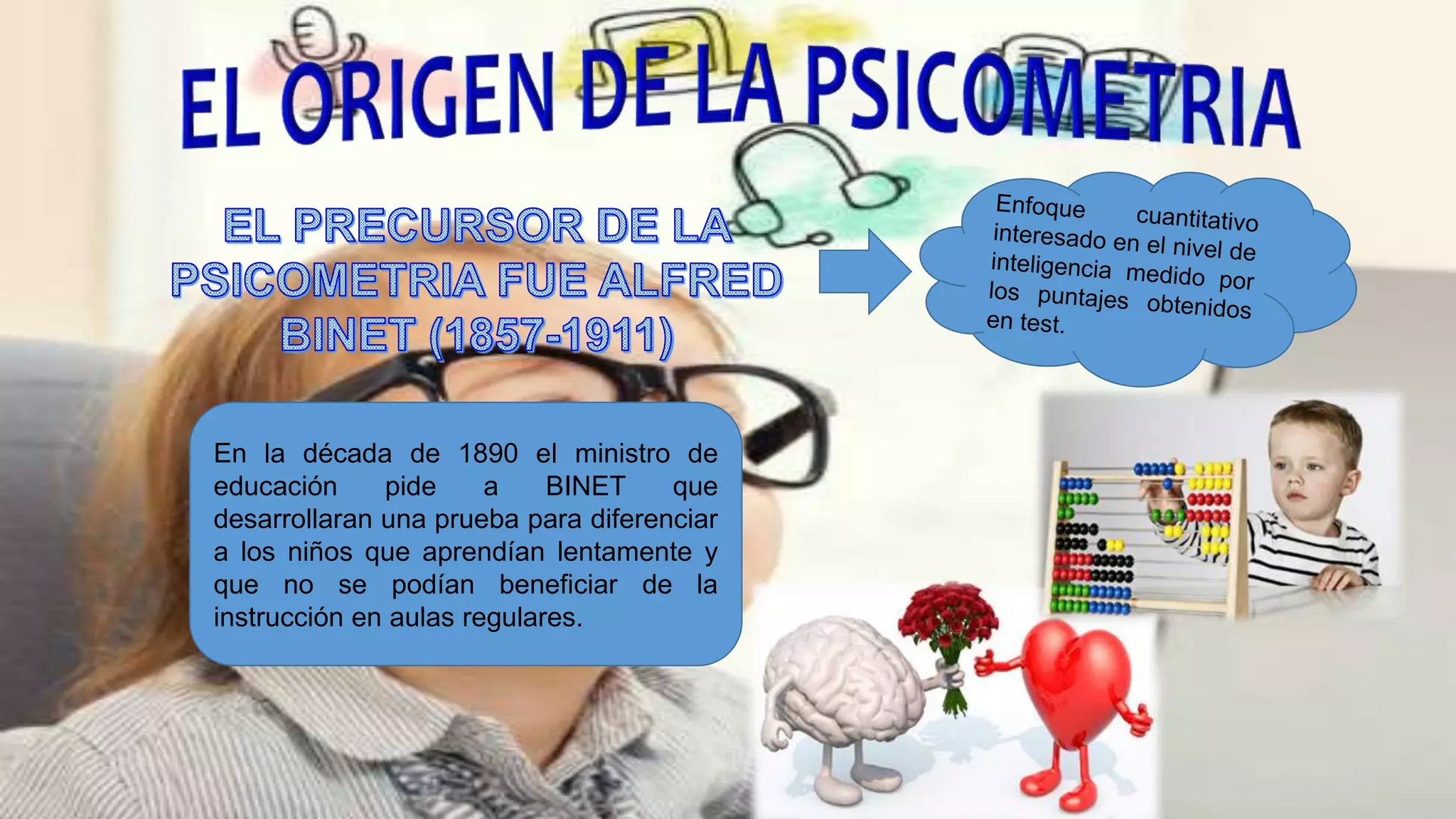 En la década de 1890 el ministro de
educación pide a BINET que
desarrollaran una prueba para diferenciar
a los niños que aprendían lentamente y
que no se podían beneficiar de la
instrucción en aulas regulares.
 